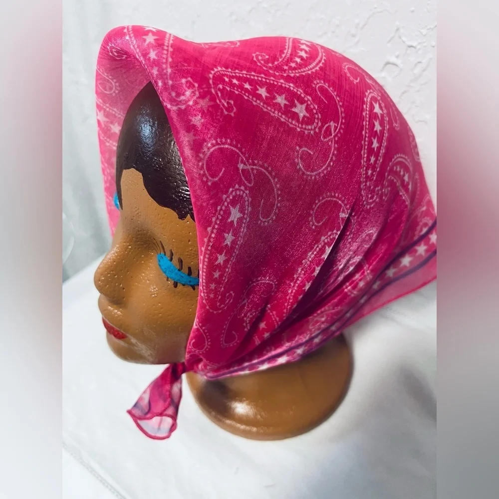 Bright Pink White Paisley Nylon Scarf Bandana Neckerchief